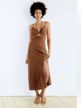 🆕 Zara Brown Linen Blend Cutout Midi Dress Size XS